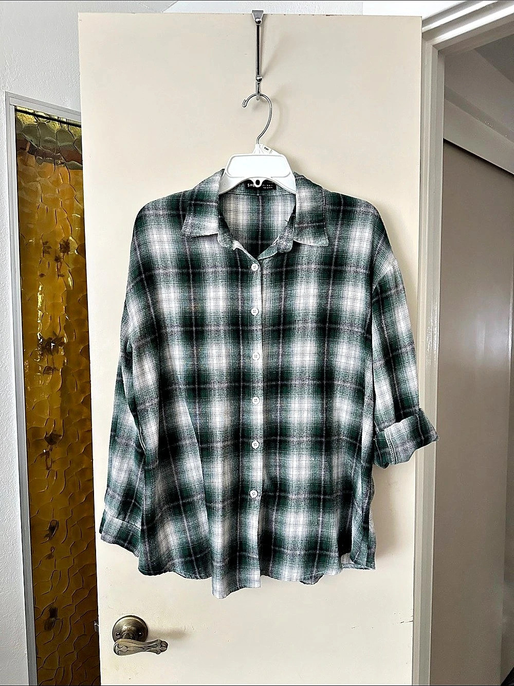 SHEIN Plaid Button Down in Green & White Shirt